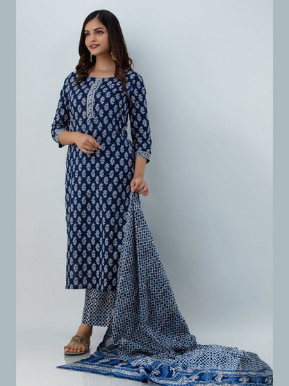 Printed Cotton Round Neck 3/4 Sleeve Straight Calf Length Kurta Set With Dupatta