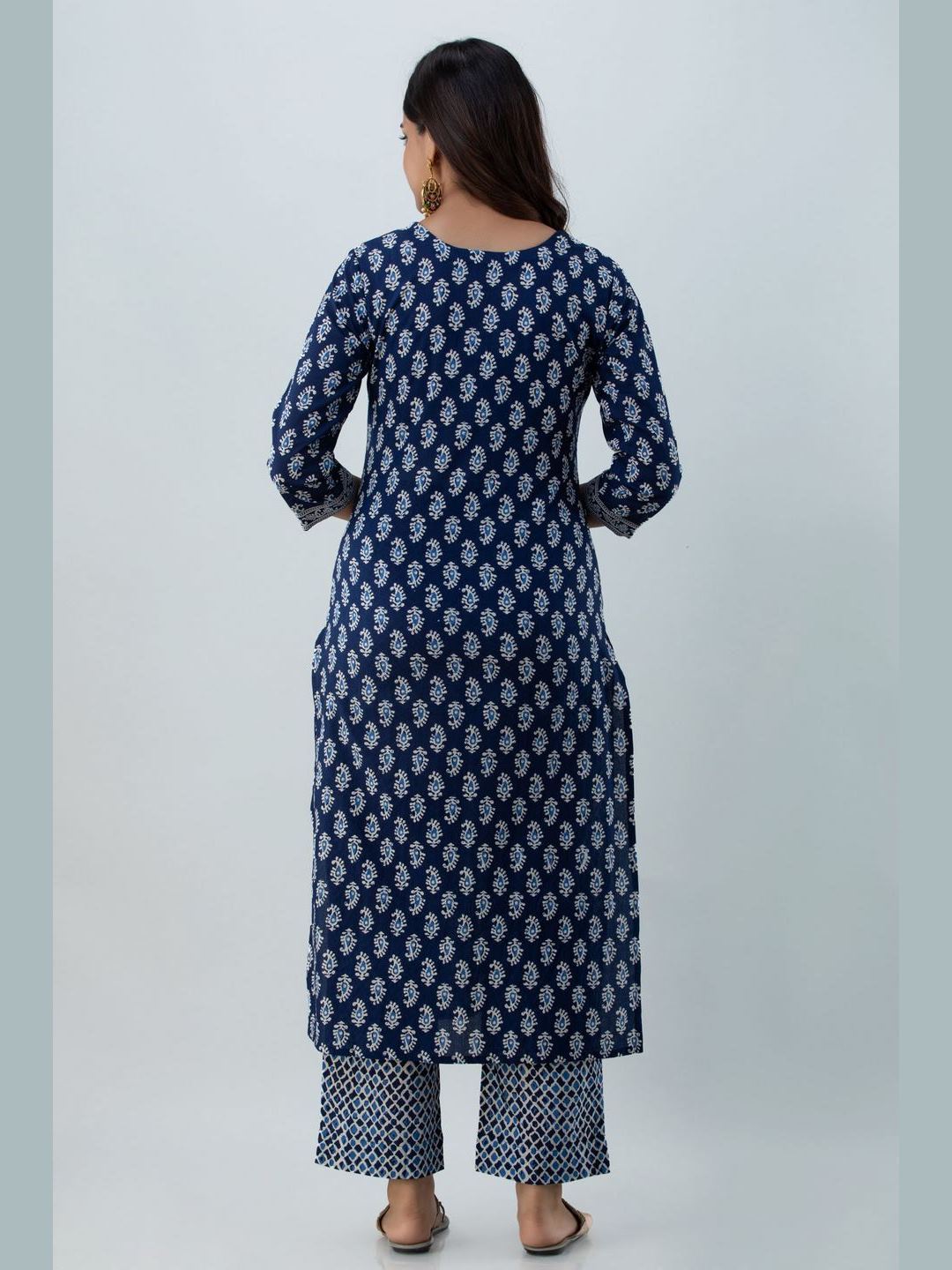 Printed Cotton Round Neck 3/4 Sleeve Straight Calf Length Kurta Set With Dupatta