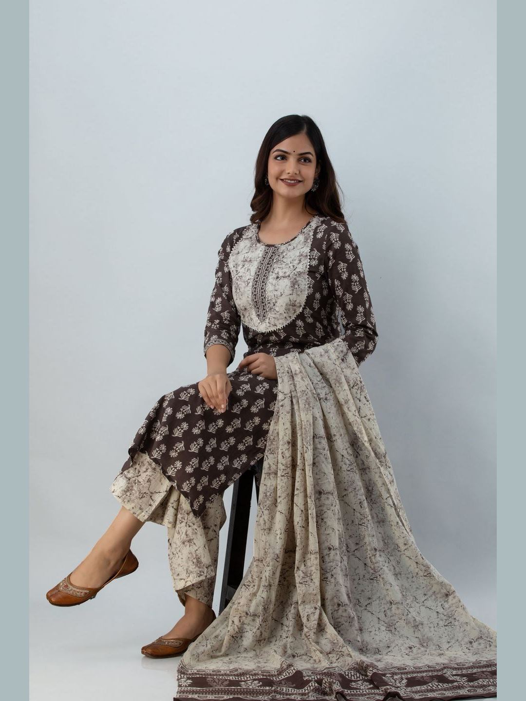 Printed Cotton Round Neck 3/4 Sleeve Straight Calf Length Kurta Set With Dupatta
