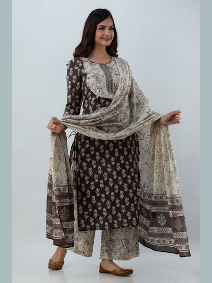 Printed Cotton Round Neck 3/4 Sleeve Straight Calf Length Kurta Set With Dupatta