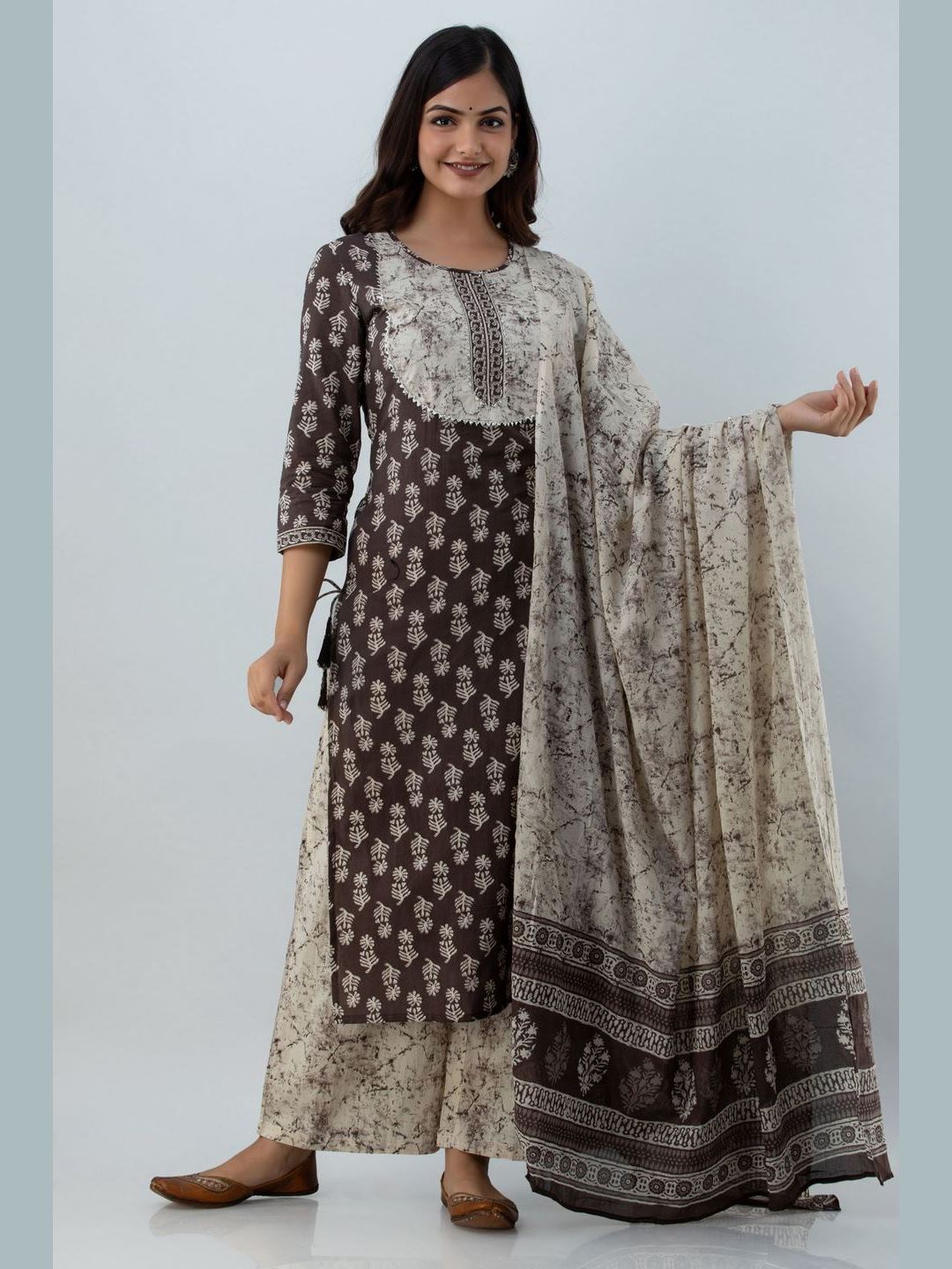 Printed Cotton Round Neck 3/4 Sleeve Straight Calf Length Kurta Set With Dupatta