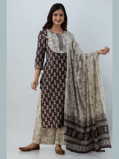 Printed Cotton Round Neck 3/4 Sleeve Straight Calf Length Kurta Set With Dupatta