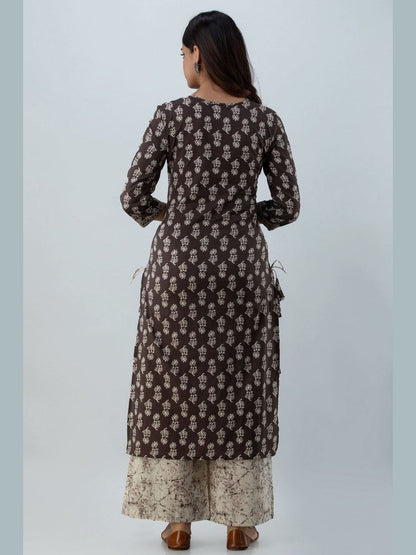 Printed Cotton Round Neck 3/4 Sleeve Straight Calf Length Kurta Set With Dupatta