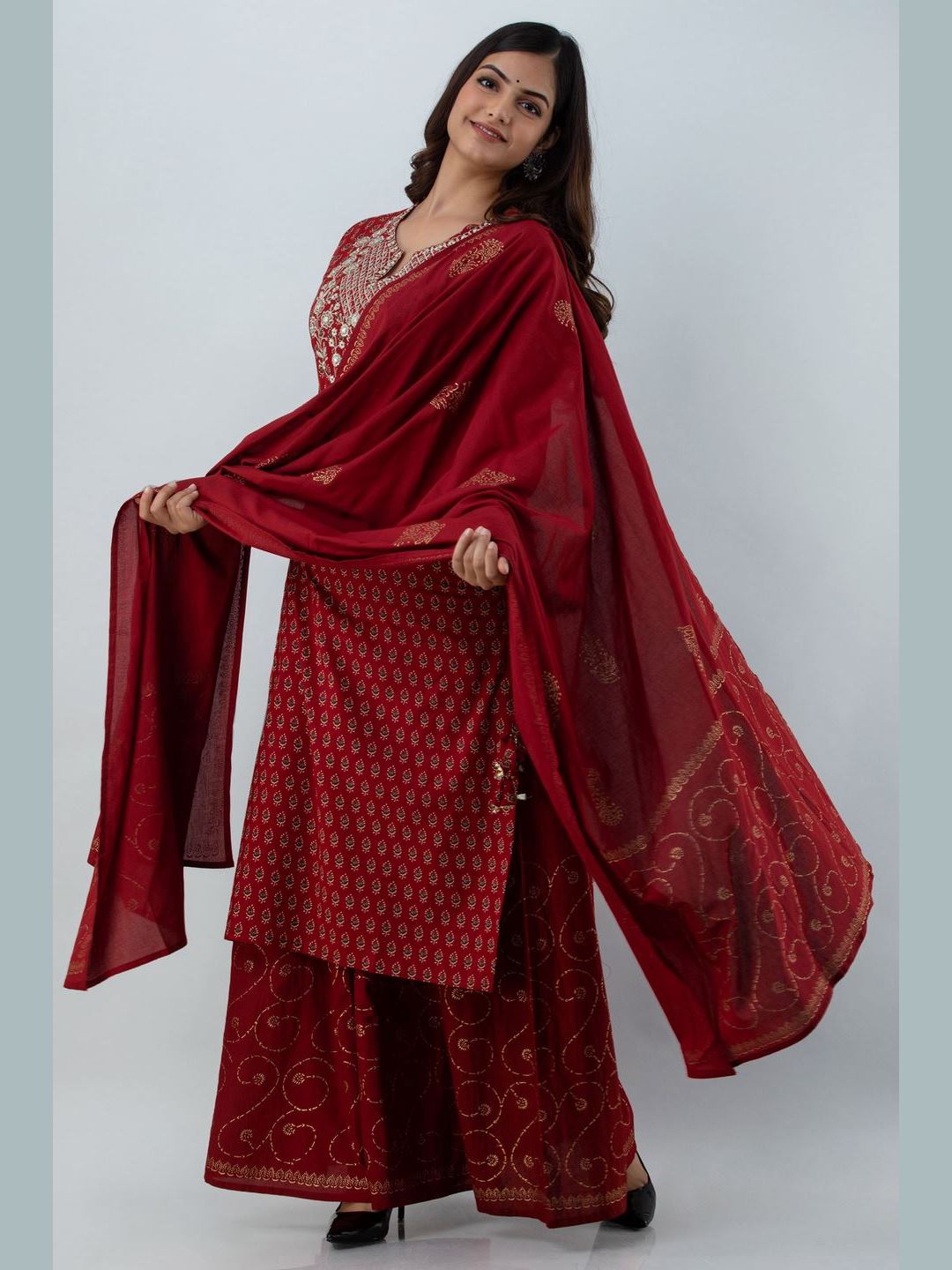 Printed Cotton Round Neck 3/4 Sleeve Straight Calf Length Kurta Set With Dupatta