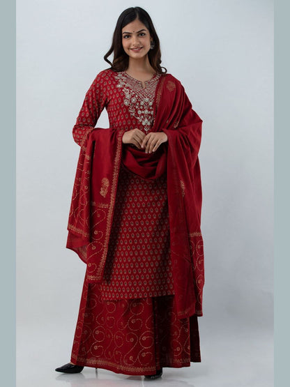 Printed Cotton Round Neck 3/4 Sleeve Straight Calf Length Kurta Set With Dupatta