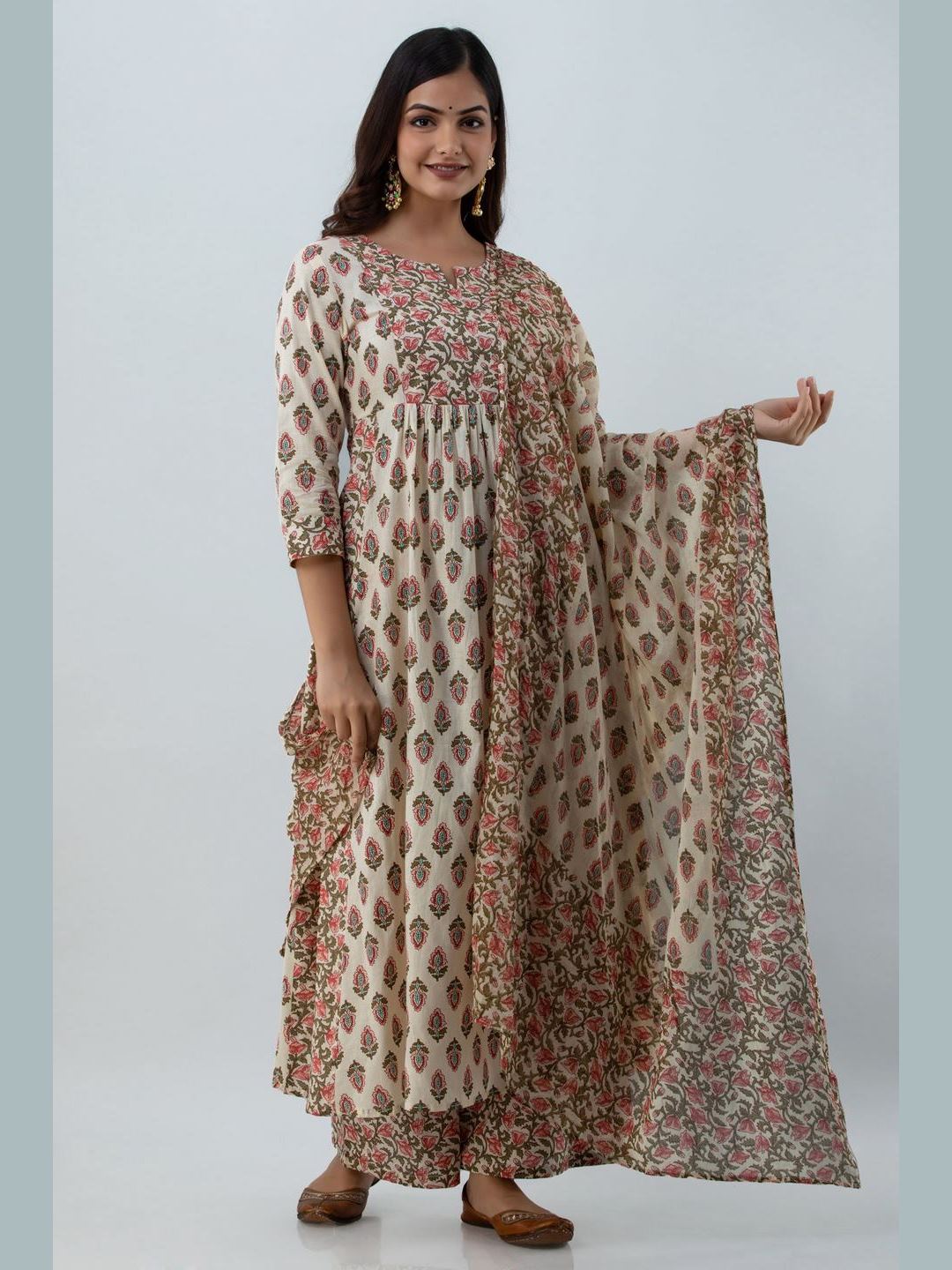 Printed Cotton Round Neck 3/4 Sleeve Flared Calf Length Kurta Set