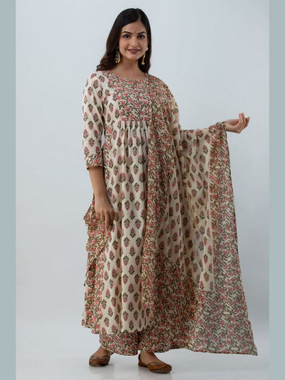 Printed Cotton Round Neck 3/4 Sleeve Flared Calf Length Kurta Set
