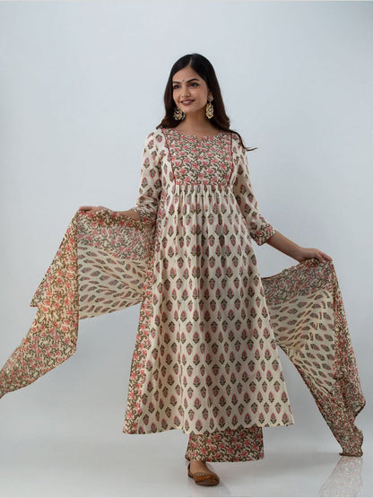 Printed Cotton Round Neck 3/4 Sleeve Flared Calf Length Kurta Set