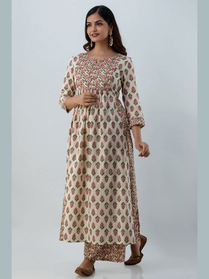 Printed Cotton Round Neck 3/4 Sleeve Flared Calf Length Kurta Set