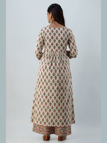 Printed Cotton Round Neck 3/4 Sleeve Flared Calf Length Kurta Set