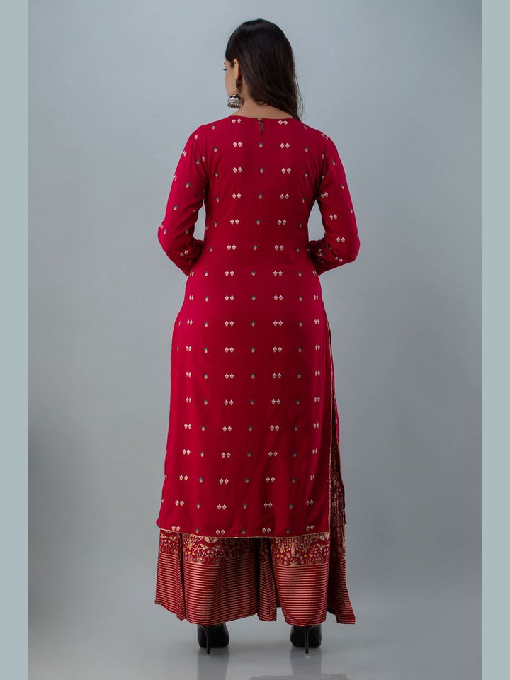 Printed Rayon Round Neck 3/4 Sleeve Straight Calf Length Kurta Set