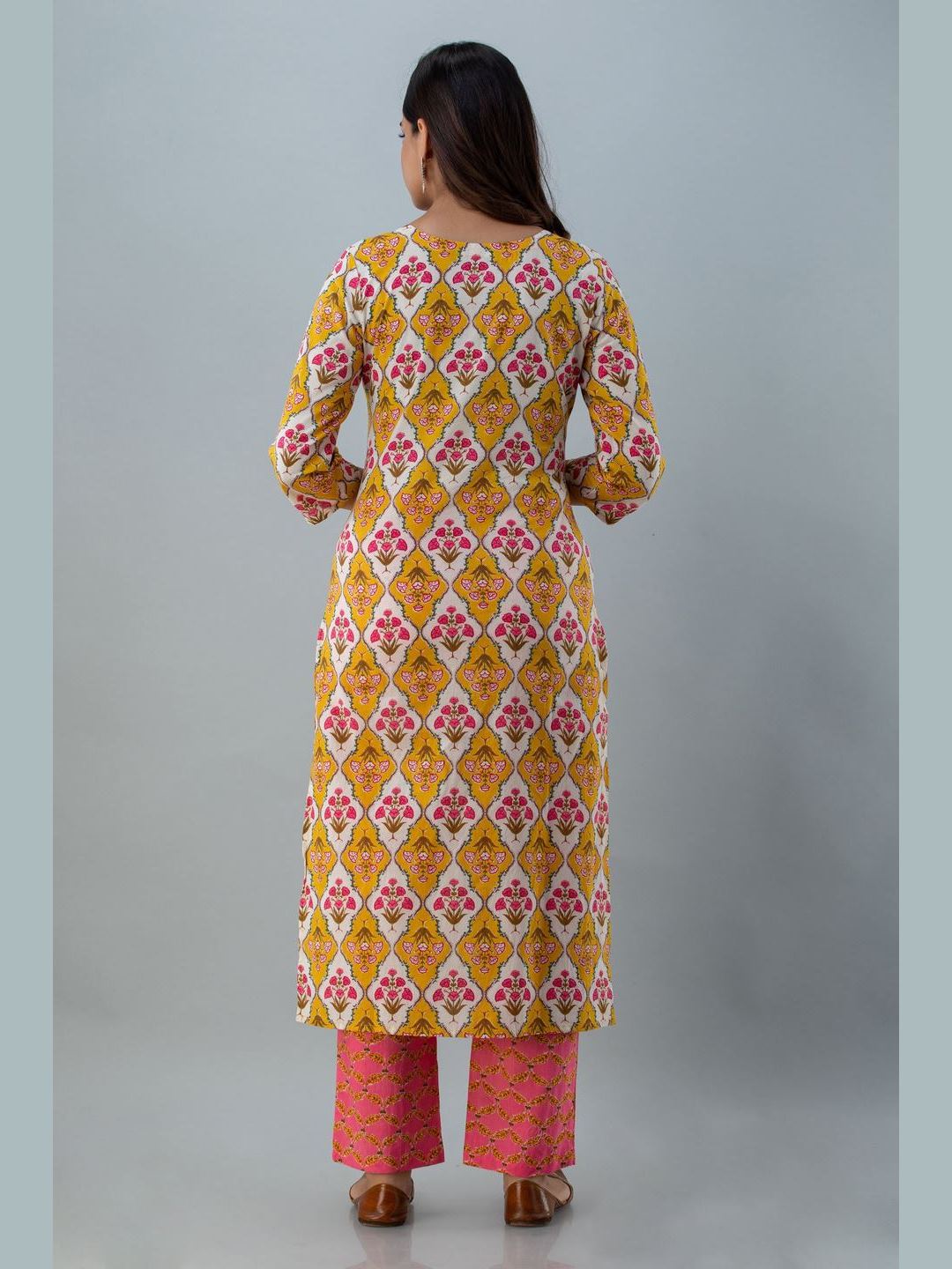 Printed Cotton Round Neck 3/4 Sleeve Straight Calf Length Kurta Set With Dupatta