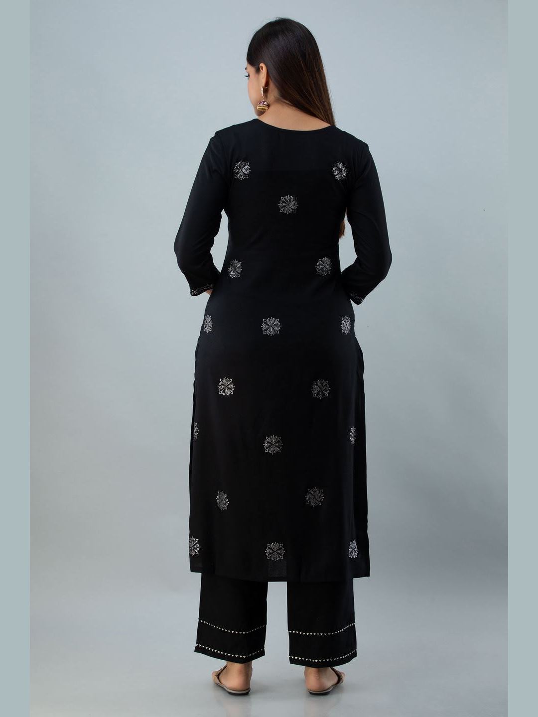 Embroidered Rayon Round Neck 3/4 Sleeve Straight Calf Kurta Set