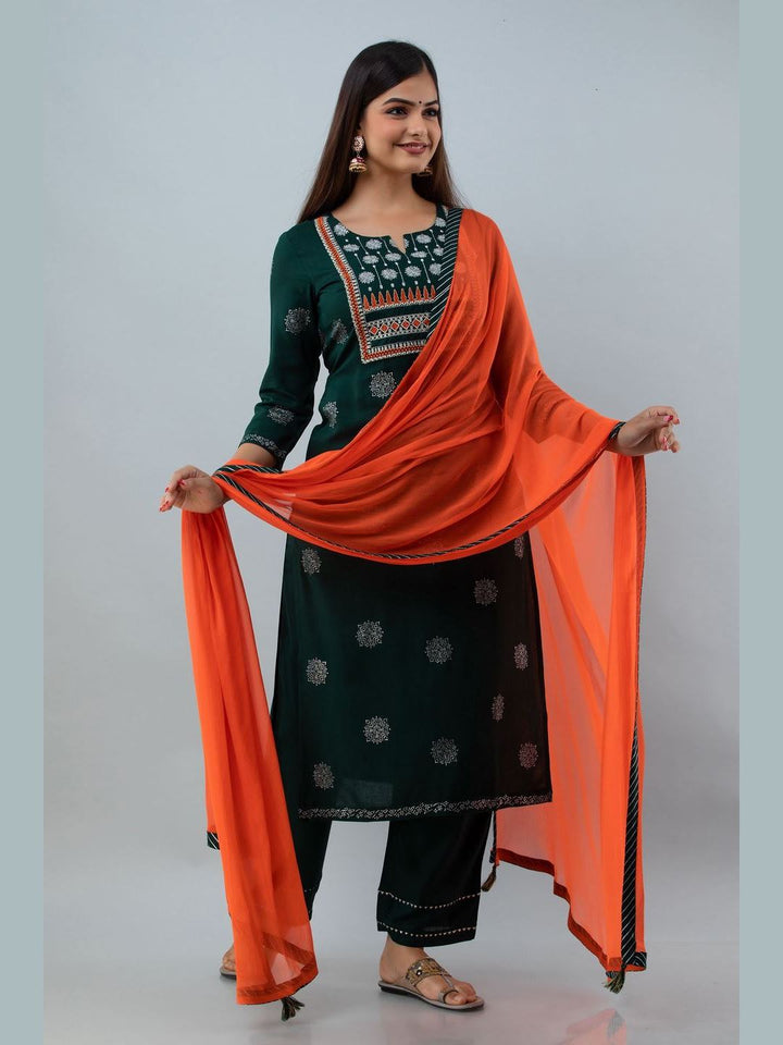 Embroidered Rayon Round Neck 3/4 Sleeve Straight Calf Kurta Set