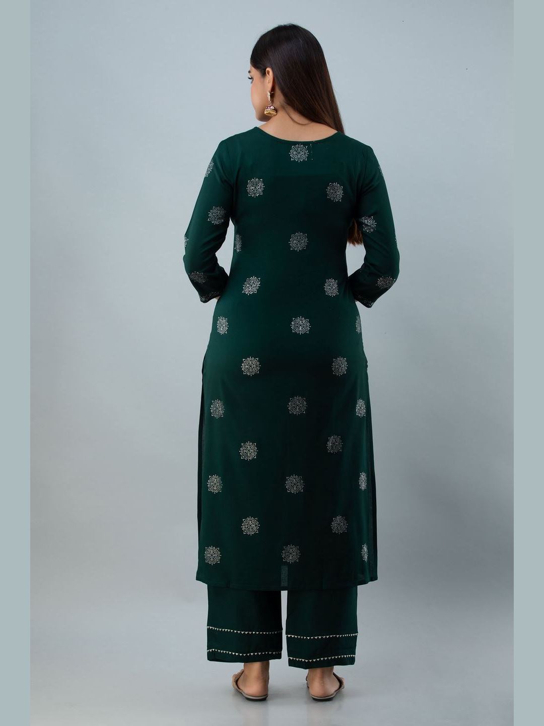 Embroidered Rayon Round Neck 3/4 Sleeve Straight Calf Kurta Set