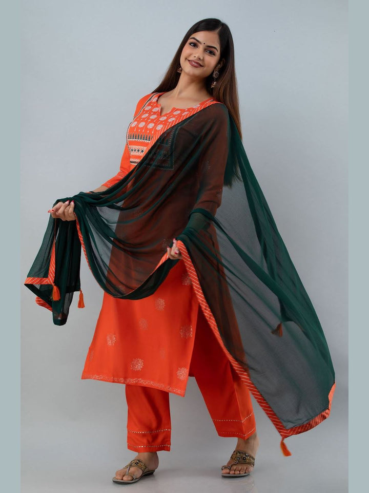 Embroidered Rayon Round Neck 3/4 Sleeve Straight Calf Kurta Set
