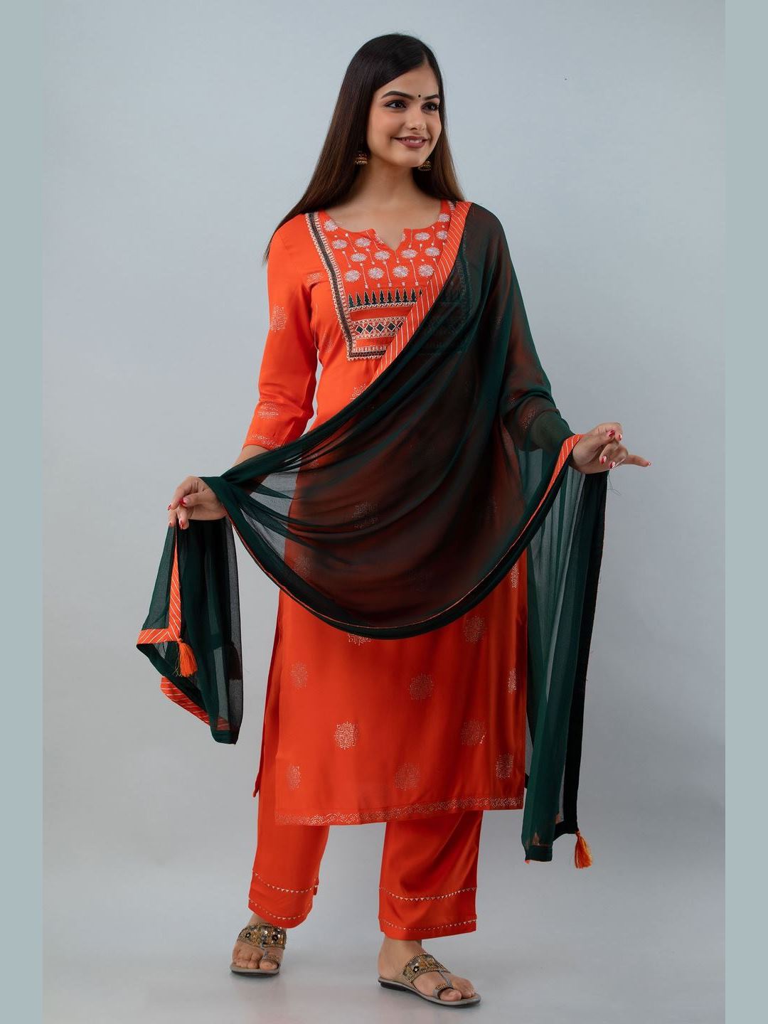 Embroidered Rayon Round Neck 3/4 Sleeve Straight Calf Kurta Set