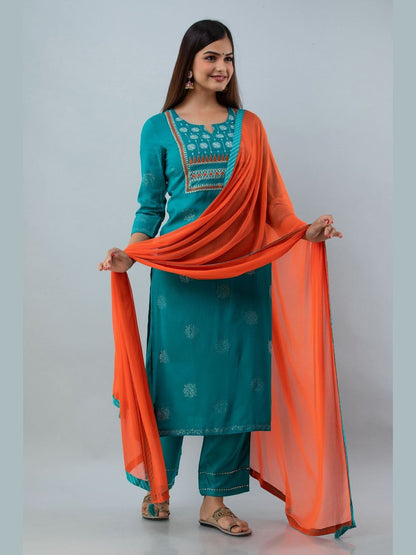 Embroidered Rayon Round Neck 3/4 Sleeve Straight Calf Kurta Set