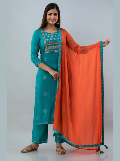 Embroidered Rayon Round Neck 3/4 Sleeve Straight Calf Kurta Set
