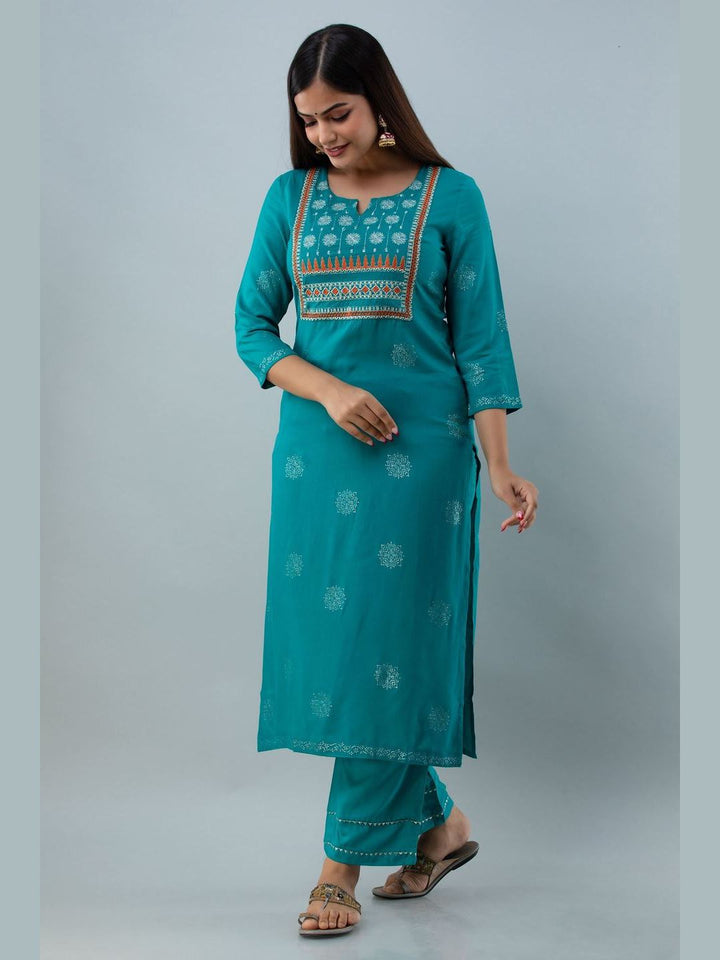 Embroidered Rayon Round Neck 3/4 Sleeve Straight Calf Kurta Set