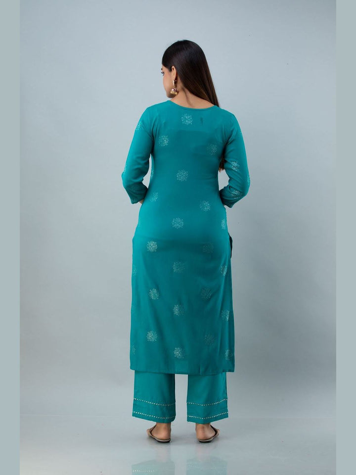 Embroidered Rayon Round Neck 3/4 Sleeve Straight Calf Kurta Set