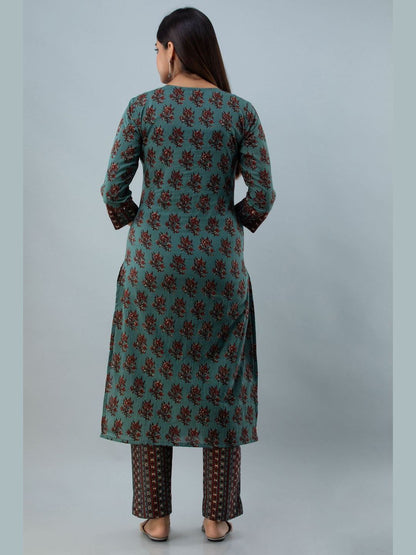 Printed Cotton Round Neck 3/4 Sleeve Straight Calf Kurta Set