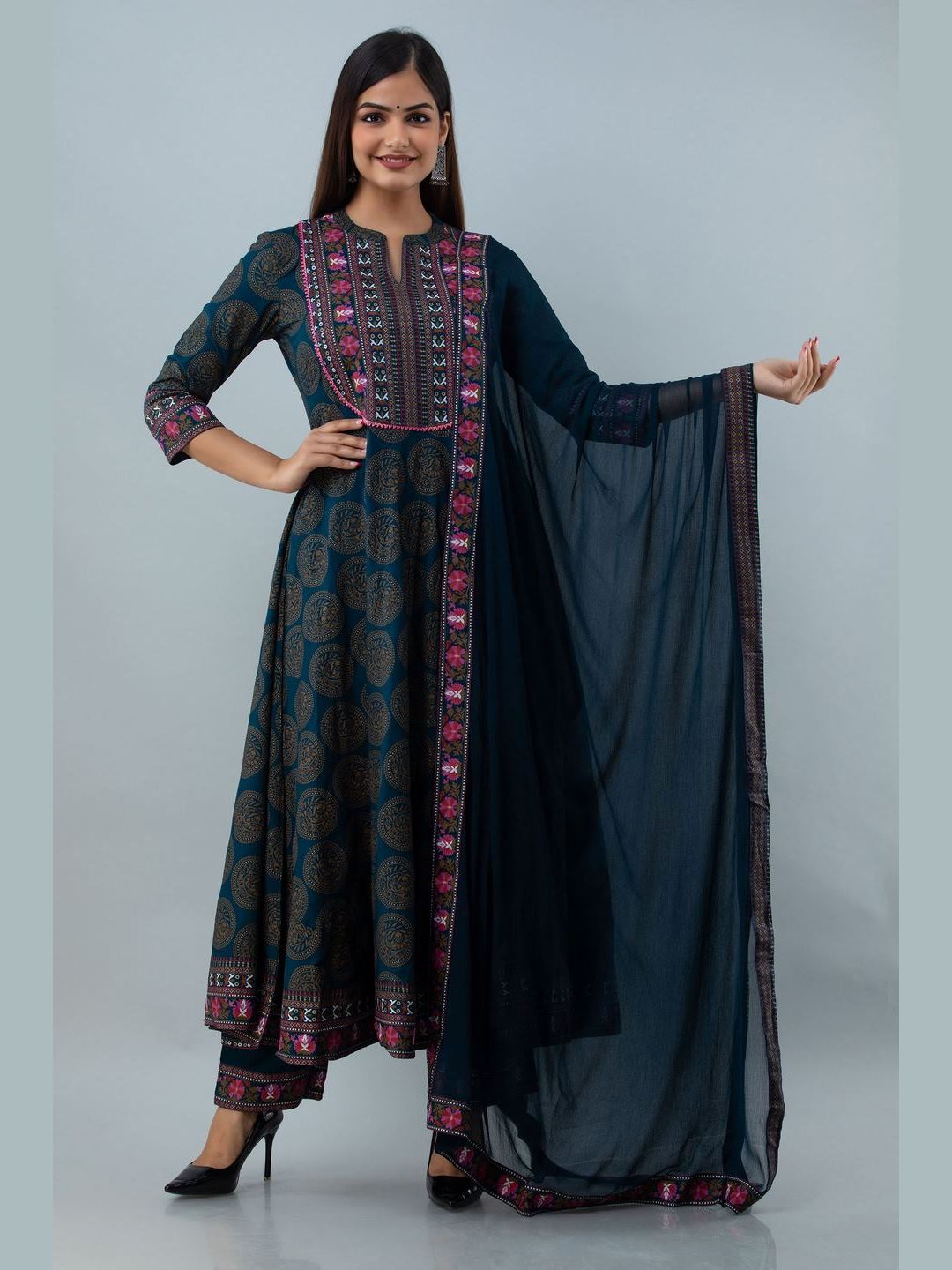 Printed Rayon Collar Neck 3/4 Sleeve Flared Ankle Kurta Set With Dupatta