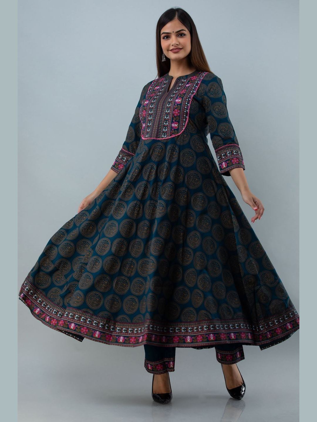 Printed Rayon Collar Neck 3/4 Sleeve Flared Ankle Kurta Set With Dupatta
