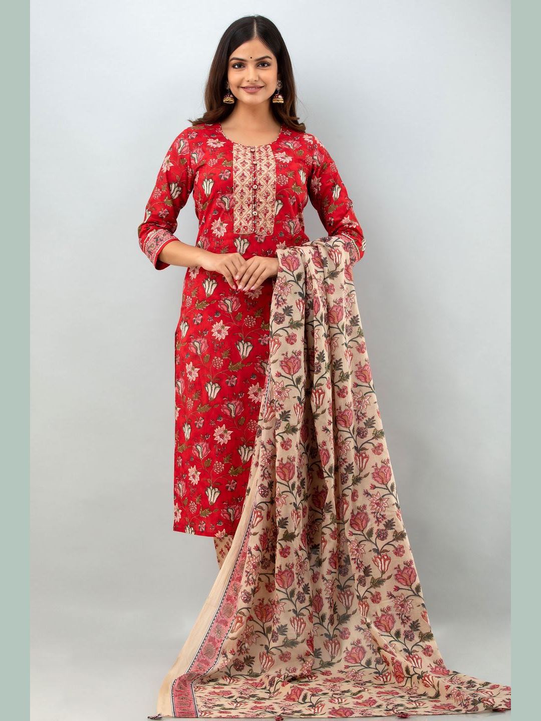 Cotton Calf Length Printed  Straight 3/4 Sleeves Round Neck Kurta Pant Dupatta Set
