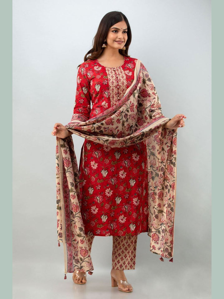 Cotton Calf Length Printed  Straight 3/4 Sleeves Round Neck Kurta Pant Dupatta Set