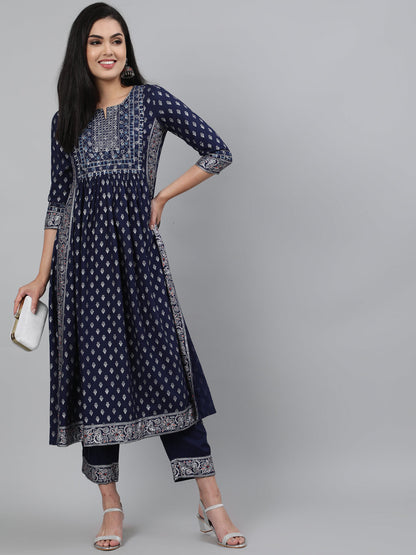 Rayon Navy Blue Calf Length A-Line 3/4 Sleeve Round Neck Foil Printed Kurta & Pant Set