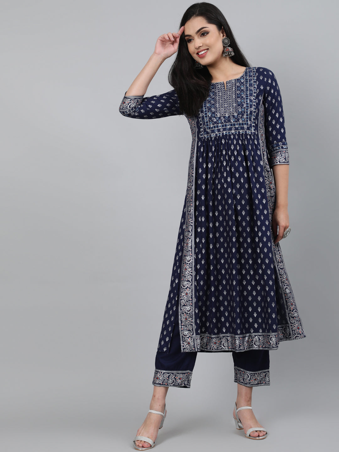 Rayon Navy Blue Calf Length A-Line 3/4 Sleeve Round Neck Foil Printed Kurta & Pant Set