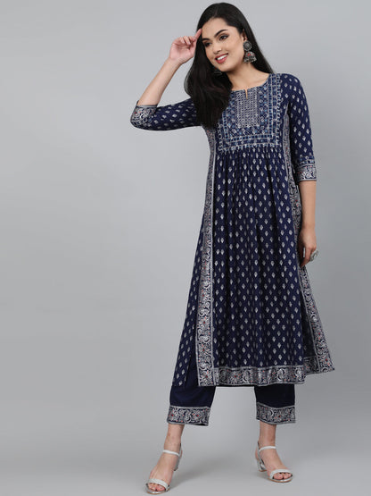 Rayon Navy Blue Calf Length A-Line 3/4 Sleeve Round Neck Foil Printed Kurta & Pant Set