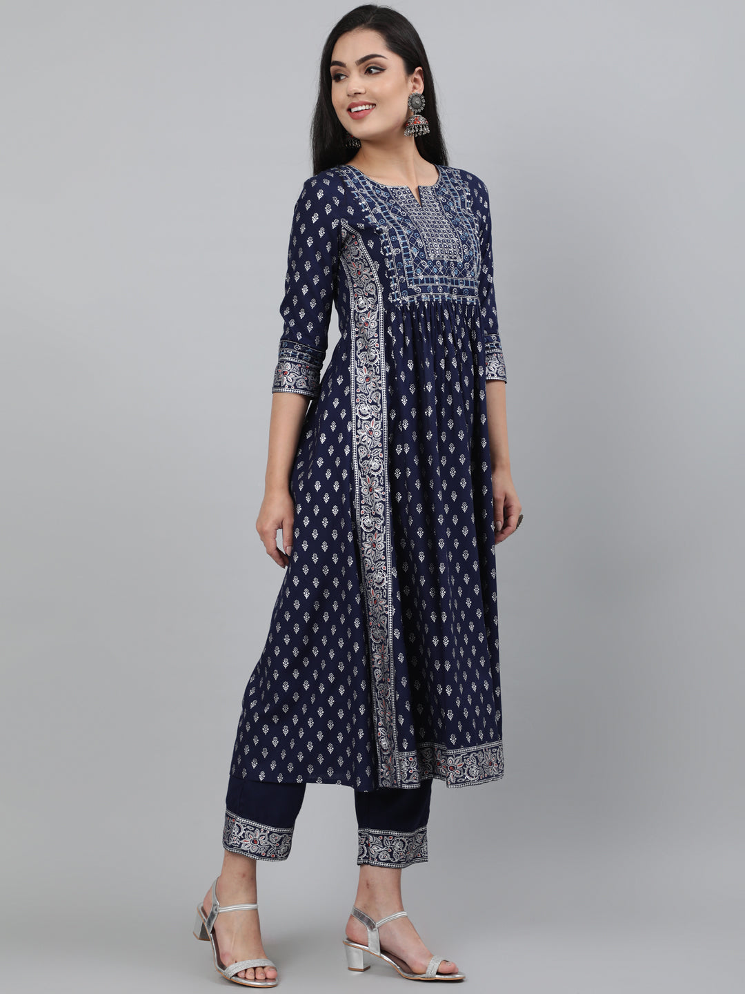 Rayon Navy Blue Calf Length A-Line 3/4 Sleeve Round Neck Foil Printed Kurta & Pant Set