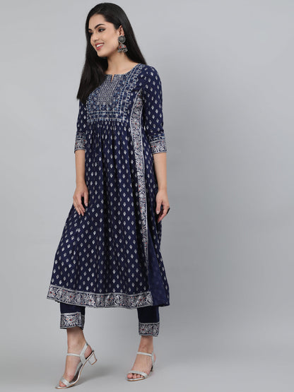 Rayon Navy Blue Calf Length A-Line 3/4 Sleeve Round Neck Foil Printed Kurta & Pant Set