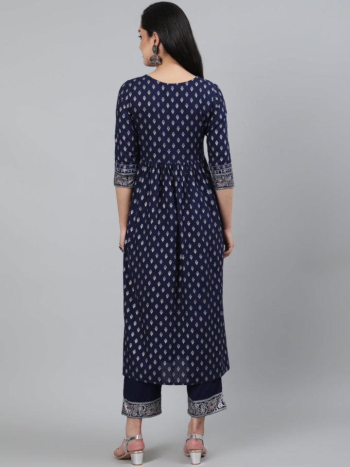 Rayon Navy Blue Calf Length A-Line 3/4 Sleeve Round Neck Foil Printed Kurta &amp; Pant Set