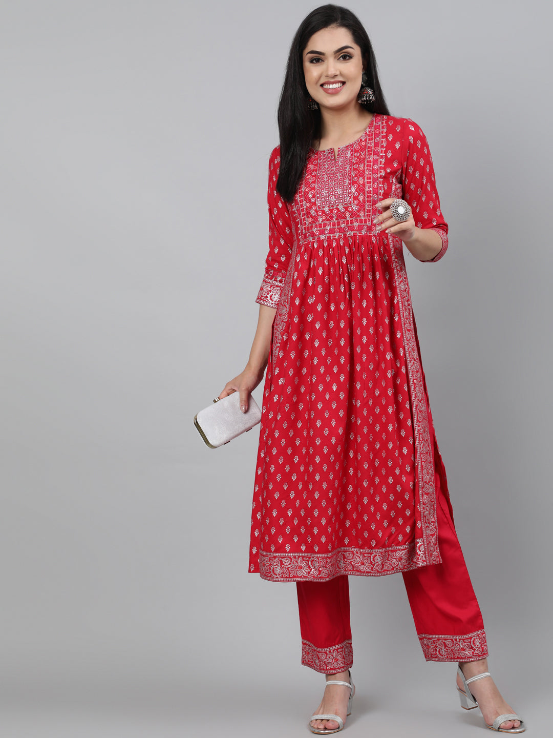 Rayon Coral Calf Length A-Line 3/4 Sleeve Round Neck Foil Printed Kurta & Pant Set