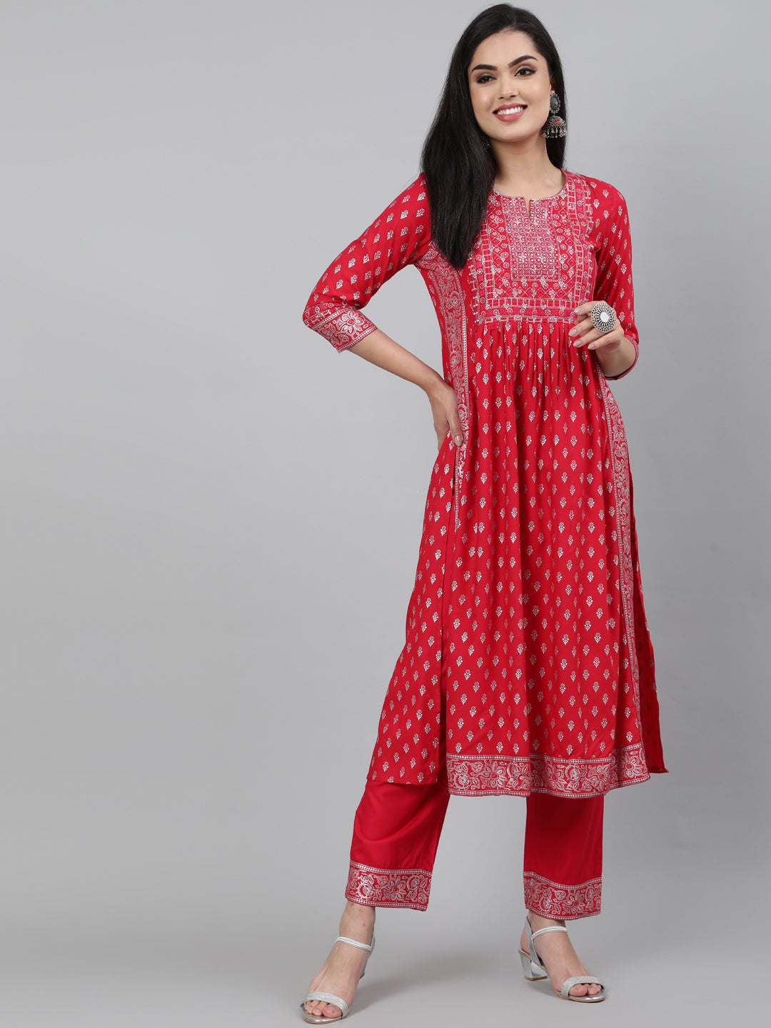 Rayon Coral Calf Length A-Line 3/4 Sleeve Round Neck Foil Printed Kurta & Pant Set