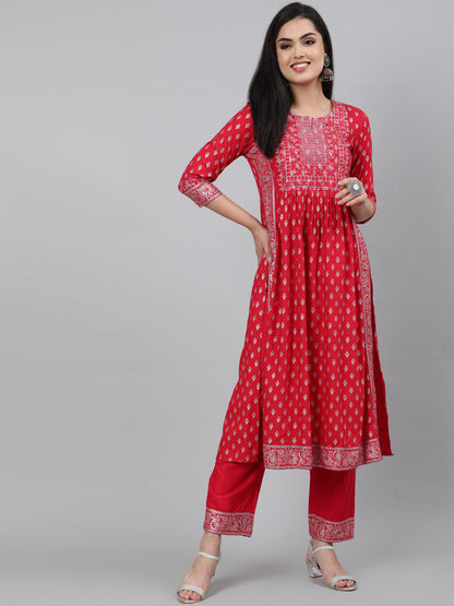 Rayon Coral Calf Length A-Line 3/4 Sleeve Round Neck Foil Printed Kurta & Pant Set