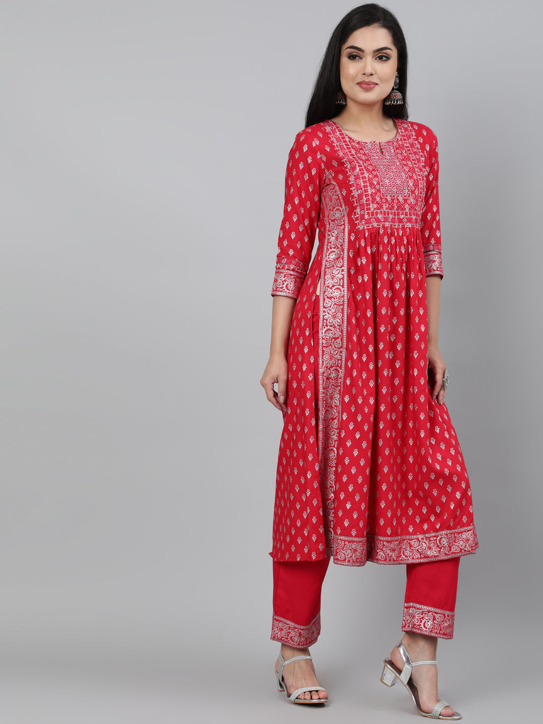 Rayon Coral Calf Length A-Line 3/4 Sleeve Round Neck Foil Printed Kurta & Pant Set