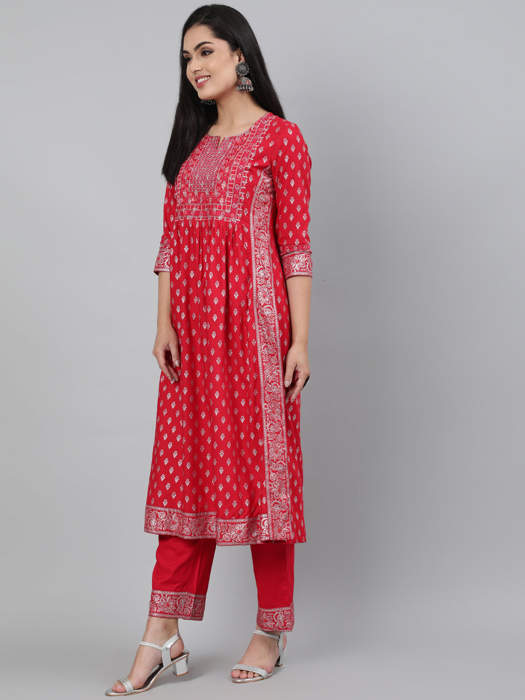 Rayon Coral Calf Length A-Line 3/4 Sleeve Round Neck Foil Printed Kurta & Pant Set