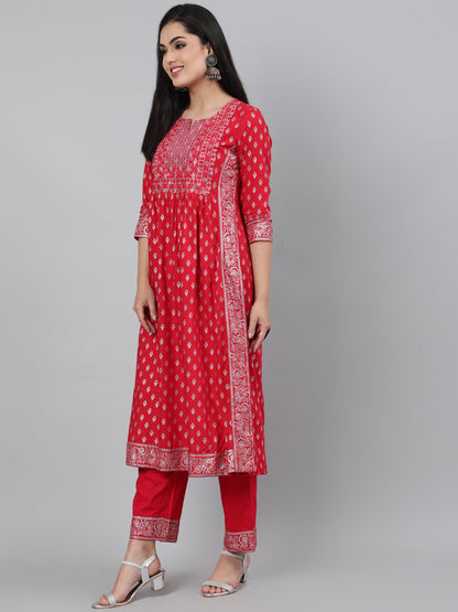 Rayon Coral Calf Length A-Line 3/4 Sleeve Round Neck Foil Printed Kurta & Pant Set
