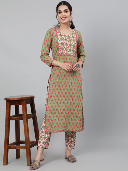 Cotton Green Calf Length Straight 3/4 Sleeve Round Neck Printed Kurta & Pant Set