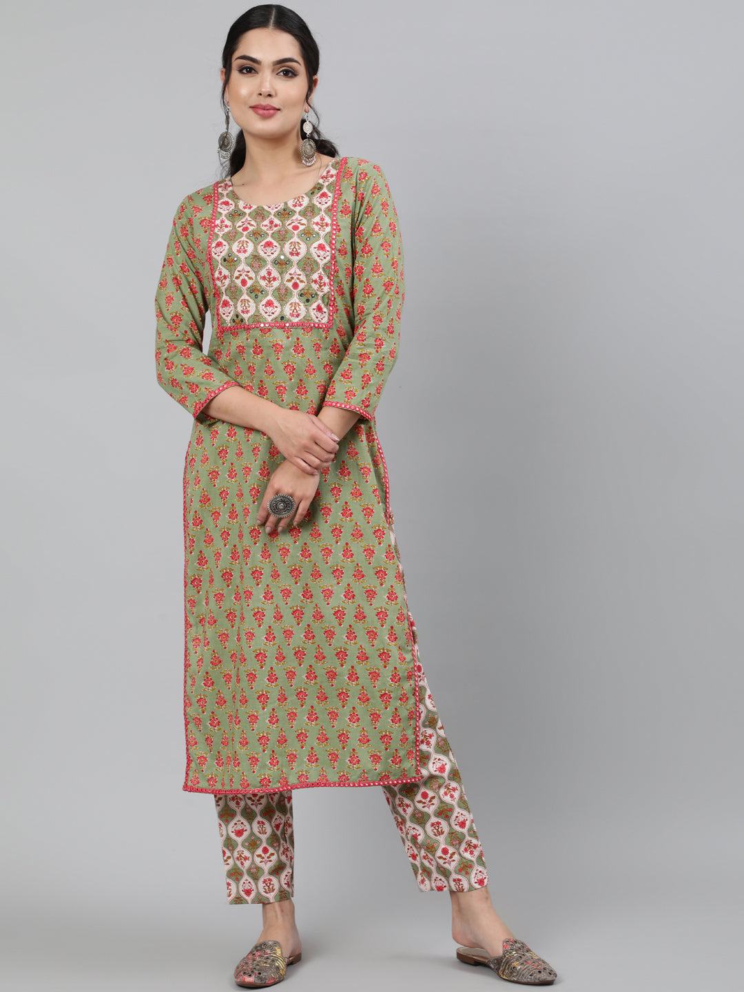 Cotton Green Calf Length Straight 3/4 Sleeve Round Neck Printed Kurta & Pant Set