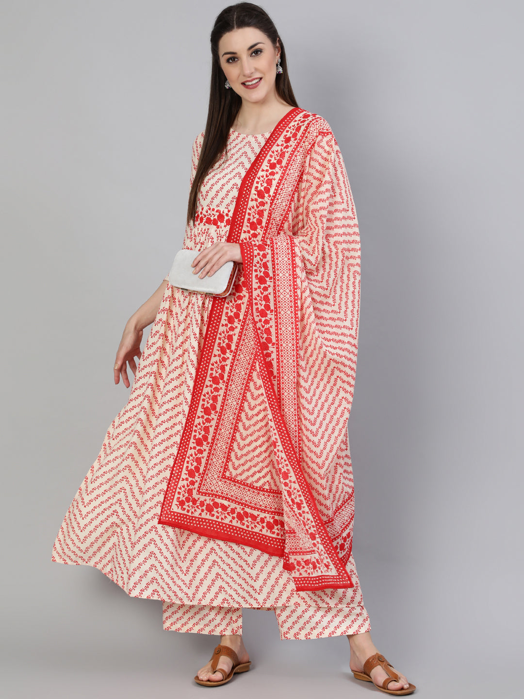 Printed Round Neck Calf Length 3/4 Sleeve Rayon A-Line Kurta, Palazzo & Malmal Dupatta Set