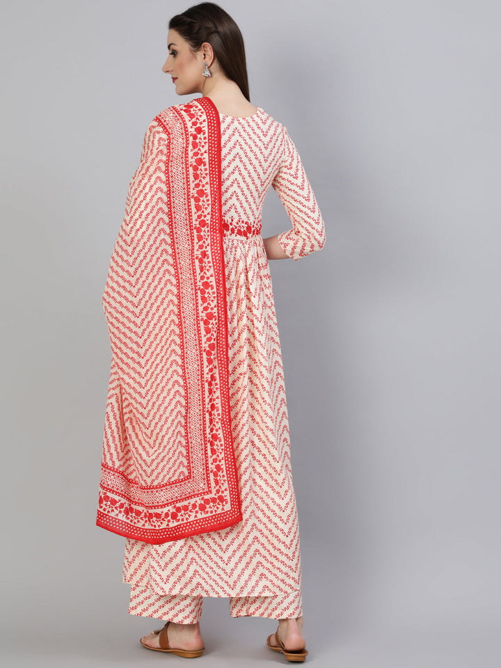 Printed Round Neck Calf Length 3/4 Sleeve Rayon A-Line Kurta, Palazzo &amp; Malmal Dupatta Set