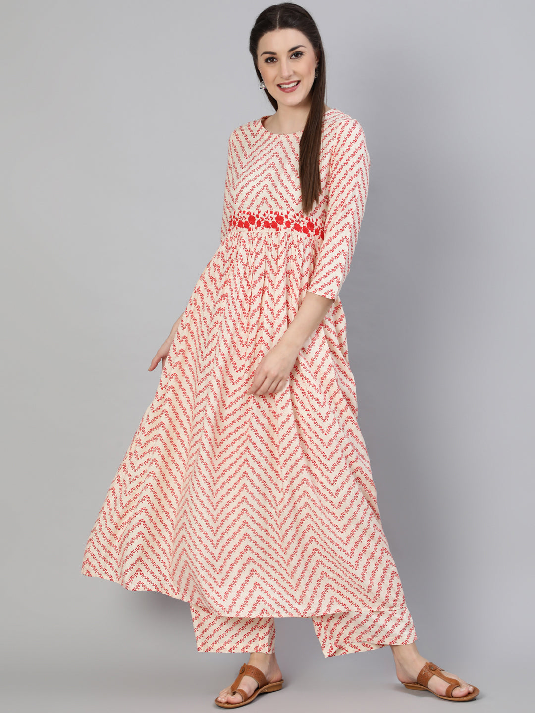 Printed Round Neck Calf Length 3/4 Sleeve Rayon A-Line Kurta, Palazzo & Malmal Dupatta Set