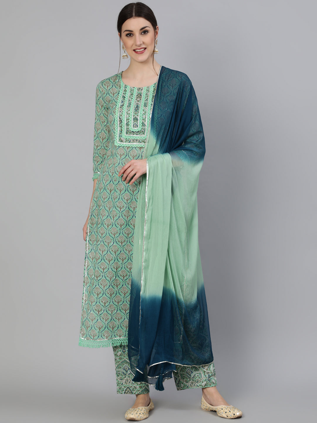 Printed Round Neck Calf Length 3/4 Sleeve Cotton Straight Kurta, Pant & Chiffon Dupatta Set