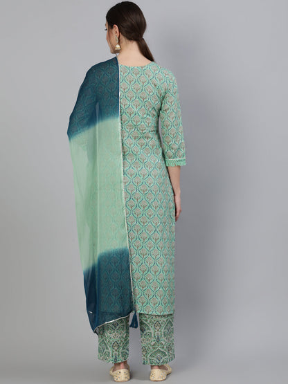 Printed Round Neck Calf Length 3/4 Sleeve Cotton Straight Kurta, Pant & Chiffon Dupatta Set