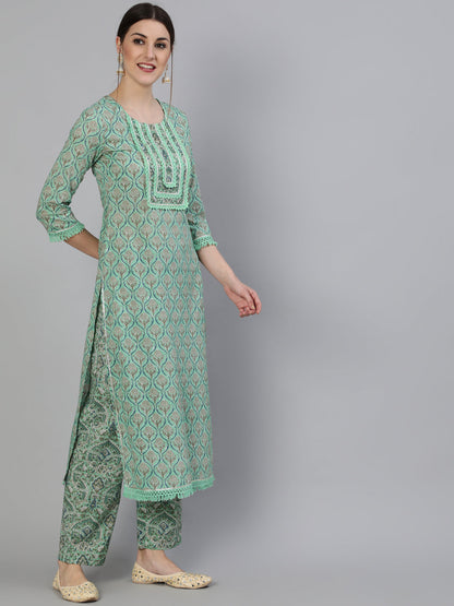Printed Round Neck Calf Length 3/4 Sleeve Cotton Straight Kurta, Pant & Chiffon Dupatta Set